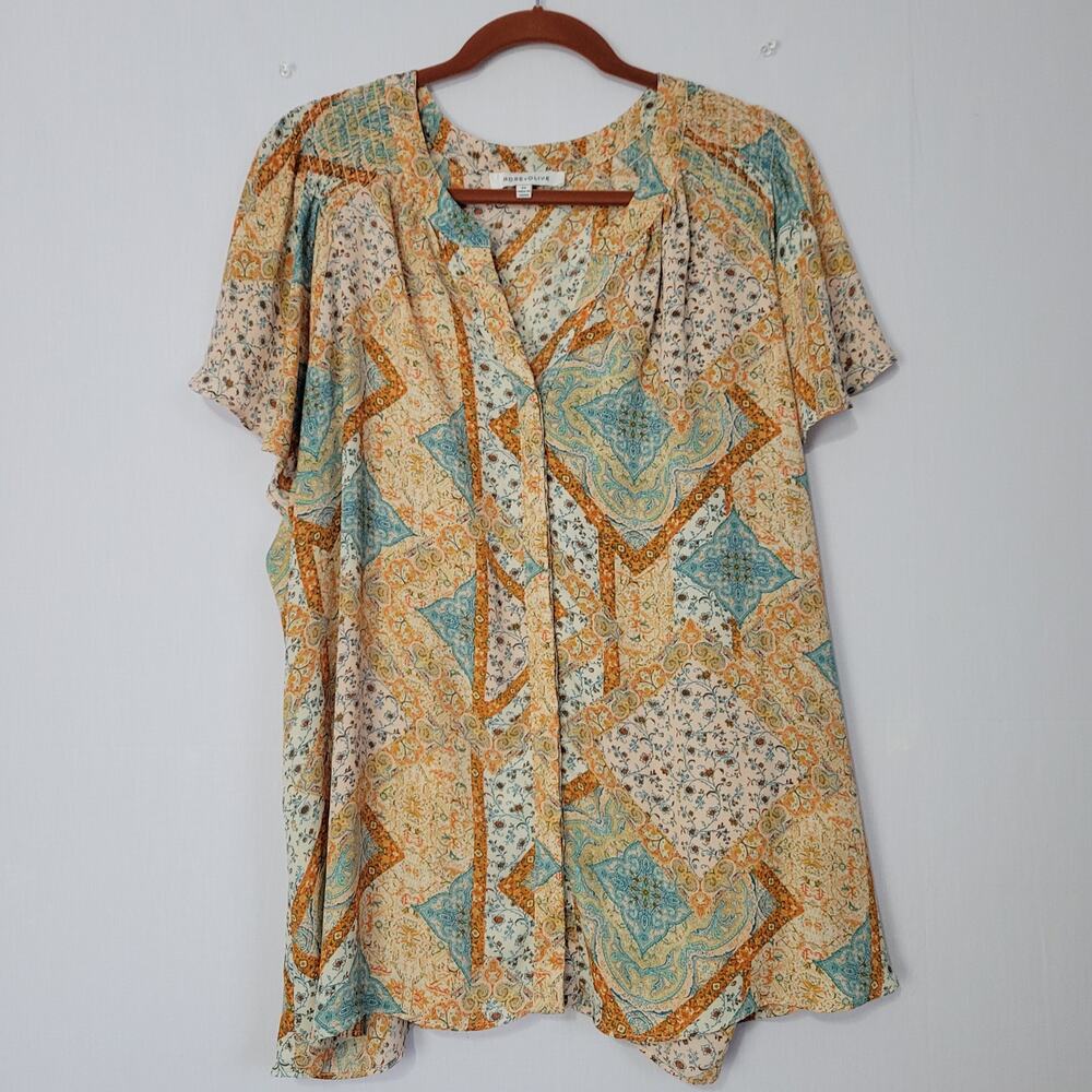 Rose + Olive Mixed Patchwork Print Flutter Sleeve Button Up Top sz 2X Multi Boho